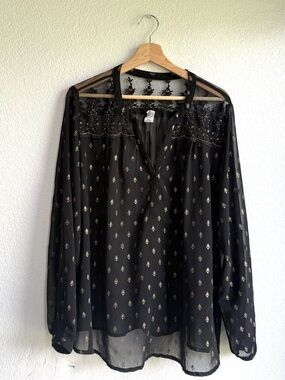 Bila Womens Shirt Blouse Black Gold Sheer Long Sleeve Embroidered Size XXL